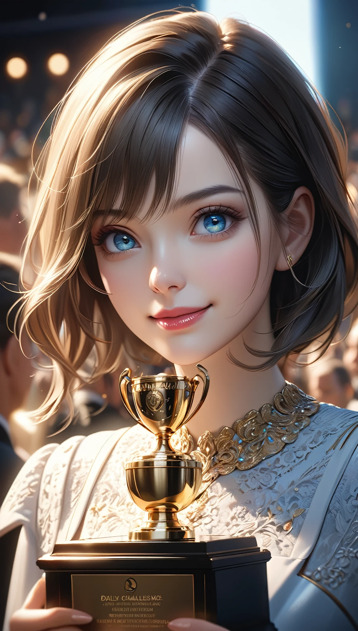 a woman receiving an award, daily challenges, excellent work, intricate details, cinematic lighting, dramatic atmosphere, vibrant colors, photorealistic, (best quality,4k,8k,highres,masterpiece:1.2),ultra-detailed,(realistic,photorealistic,photo-realistic:1.37),beautiful detailed eyes,beautiful detailed lips,extremely detailed eyes and face,longeyelashes,1girl,dramatic portrait,dramatic lighting,cinematic,award ceremony,trophy,smiling expression,proud expression,elegant dress,formal attire,professional setting,office interior