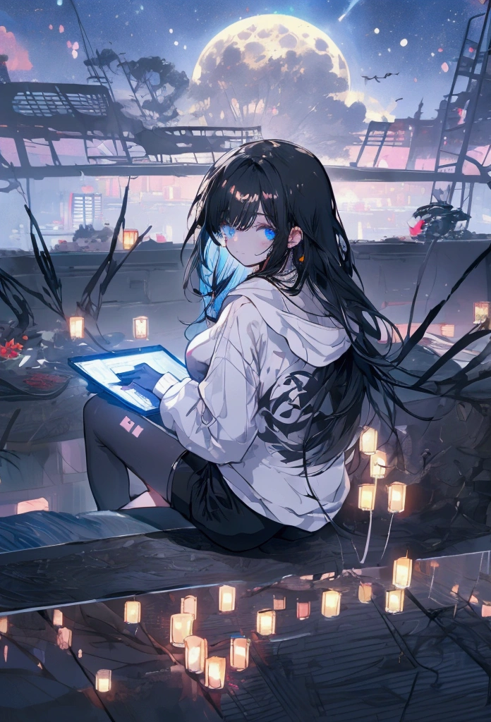 Using a laptop、Beautiful Face、Beautiful legs、Black Hair、On the roof、full moon,neon.hoodie,Sitting、IT Engineer、Building district、Landscape、rooftop