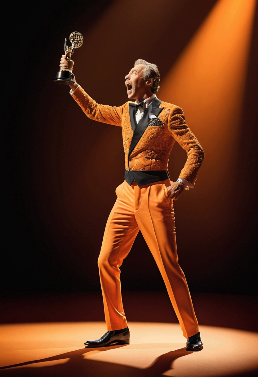 (Award-Winning Moment), the slanting spotlight illuminated the excited figure of the winner. Warm orange tones create a warm and exciting atmosphere. The winner's hands are shaking slightly, the elongated shadow behind him adds to the drama of the picture, full body, award-winning, cinematic still, emotional, vignette, dynamic, vivid, (masterpiece, best quality, photorealistic, Professional, perfect composition, very aesthetic, absurdres, ultra-detailed, intricate details:1.3)