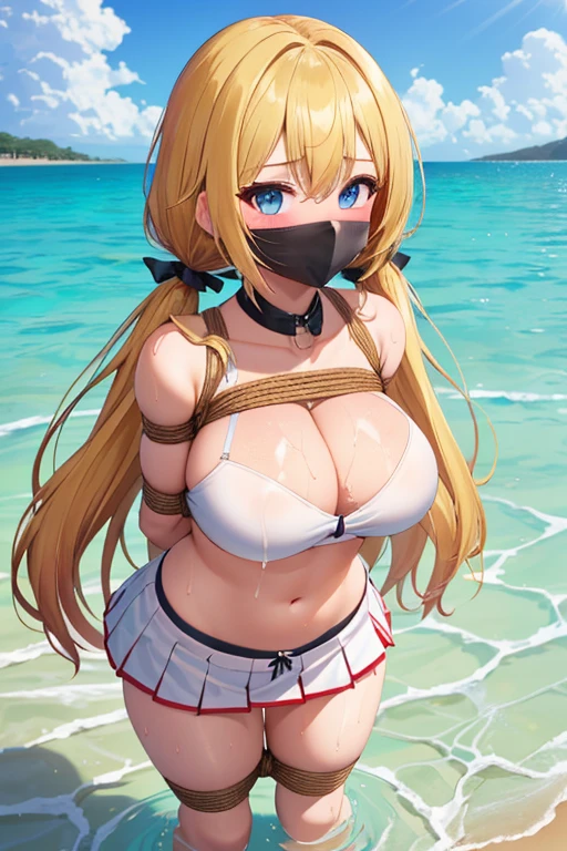 1 girls, (detailed blue eyes, lange wimpern, detailed beautiful face:1.1), 4k quality, twintails, Haare Seiten nach oben, (Long blonde hair:1.4), (arms behind back:1.3), (big breasts:1.5), Red rope, (blushing:1.3), erina nakiri, long hair, hair between eyes, (white skirt with black underwear under, white crop top with a big cutout, 17 years old:1.4), (bondage:1.3), erhobene Augenbrauen, pralle Brüste, OTN, White Gag, gagged, (standing in water:1.5), wet, (near a Public beach with many people:1.5), Ankles and knees together, Ankles and knees bound together with rope