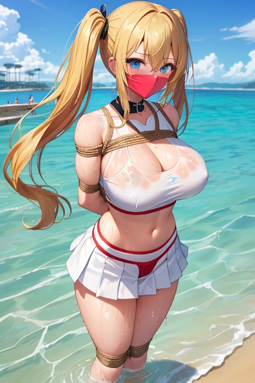 1 girls, (detailed blue eyes, lange wimpern, detailed beautiful face:1.1), 4k quality, twintails, Haare Seiten nach oben, (Long blonde hair:1.4), (arms behind back:1.3), (big breasts:1.5), Red rope, (blushing:1.3), erina nakiri, long hair, hair between eyes, (white skirt with black underwear under, white crop top with a big cutout, :1.4), (bondage:1.3), erhobene Augenbrauen, pralle Brüste, OTN, White Gag, gagged, (standing in water:1.5), wet, (near a Public beach with many people:1.5), Ankles and knees together, Ankles and knees bound together with rope