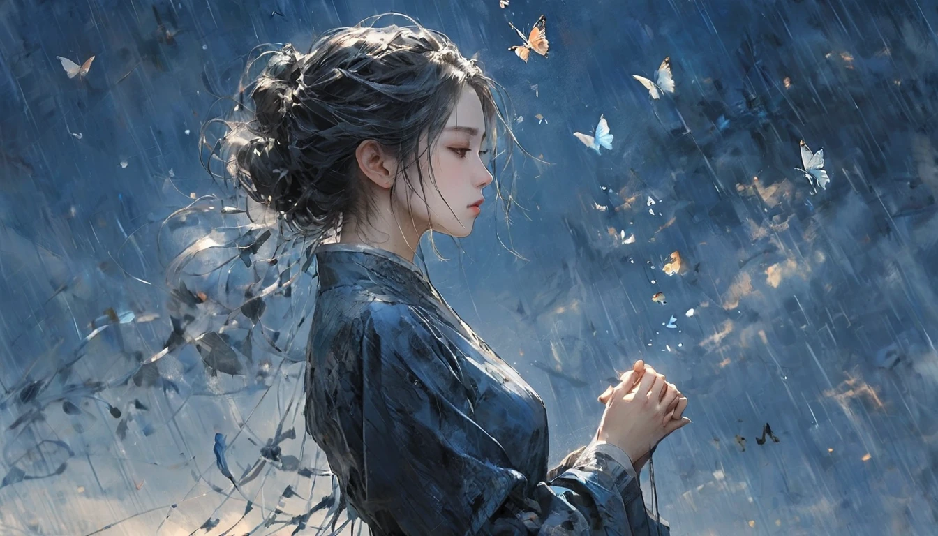 rain、right ,prayer, Beautiful woman, Sad look, Faded elegance, Waiting for the return , rainに打たれながら祈る , A poignant atmosphere, Lost Beauty, Melancholic mood, Fascinating, Eternal Sadness, Contrasting, Delicate Decay,Line art,Backlight,Wind,Backlight,Stardust,(Wind:1.2),knight,Blue Blood, Fire and butterfly