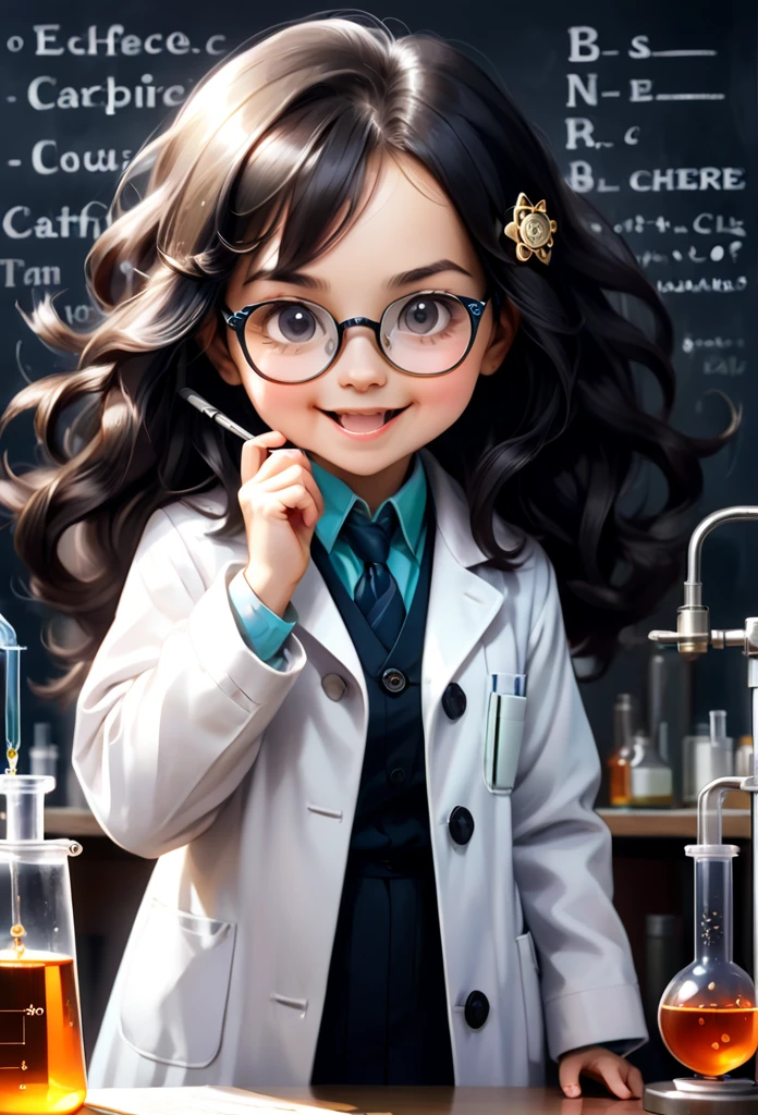 
((( Dmitri Mendeleev)))
   Conhecido como o "pai da química moderna", Lavoisier ajudou a estabelecer a lei da conservação da massa e identificou e nomeou o oxigênio e o hidrogênio. Ele também ajudou a desenvolver o sistema de nomenclatura química.
ultra HD, chemical equipment,scientists working,cups,UHD Bunsen Burner ,Microscope,laboratory glassware,measuring cylinders,labcoats,Round nerd glasses ,science books,Periodic table,scientific research,discoveries,new inventions,innovation,aprendizagem,education,Scientific culture wears coat with details of buttons and brooches , her coat is charming and cute with ultra chemical details ,Curiosidade,Technological advancements,swirly vibrant colors,soft lighting,modern laboratory,nerdy atmosphere,laboratory instruments,hypothesis testing,Scientific method,symbolic representation,Critical thinking,experiments ,precision,precision,Intricate details,impressive scientific setup,natural elements,exploration of the mysteries of science,unlocking the secrets of nature. Baby chibi is happy and excited, remember to use chemical laboratory glassware, The chalkboard behind the cute chibi baby is written the structure of caffeine in white chalk 18K UHDBlack hair, very long hair, American propaganda poster, shine light, 3D rendering, Riso, 