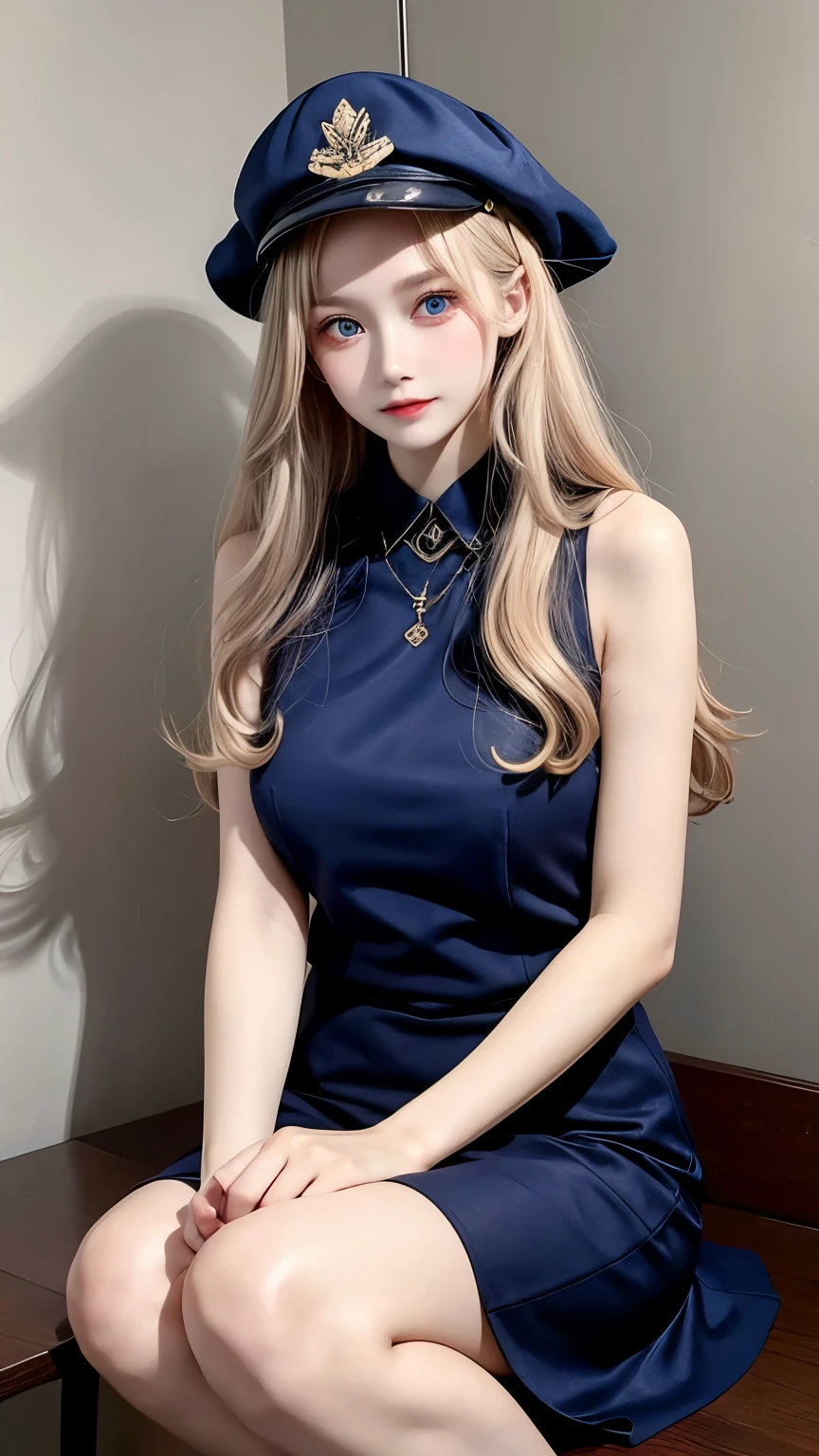 best quality, full body portrait, delicate face, pretty face, 16-year-old woman, slim figure, big bust, OL, office clothing, Navy blue, exterior, sitting position，blond，very long hair，curls， blue eyes，Nice hat，Close-up of feet