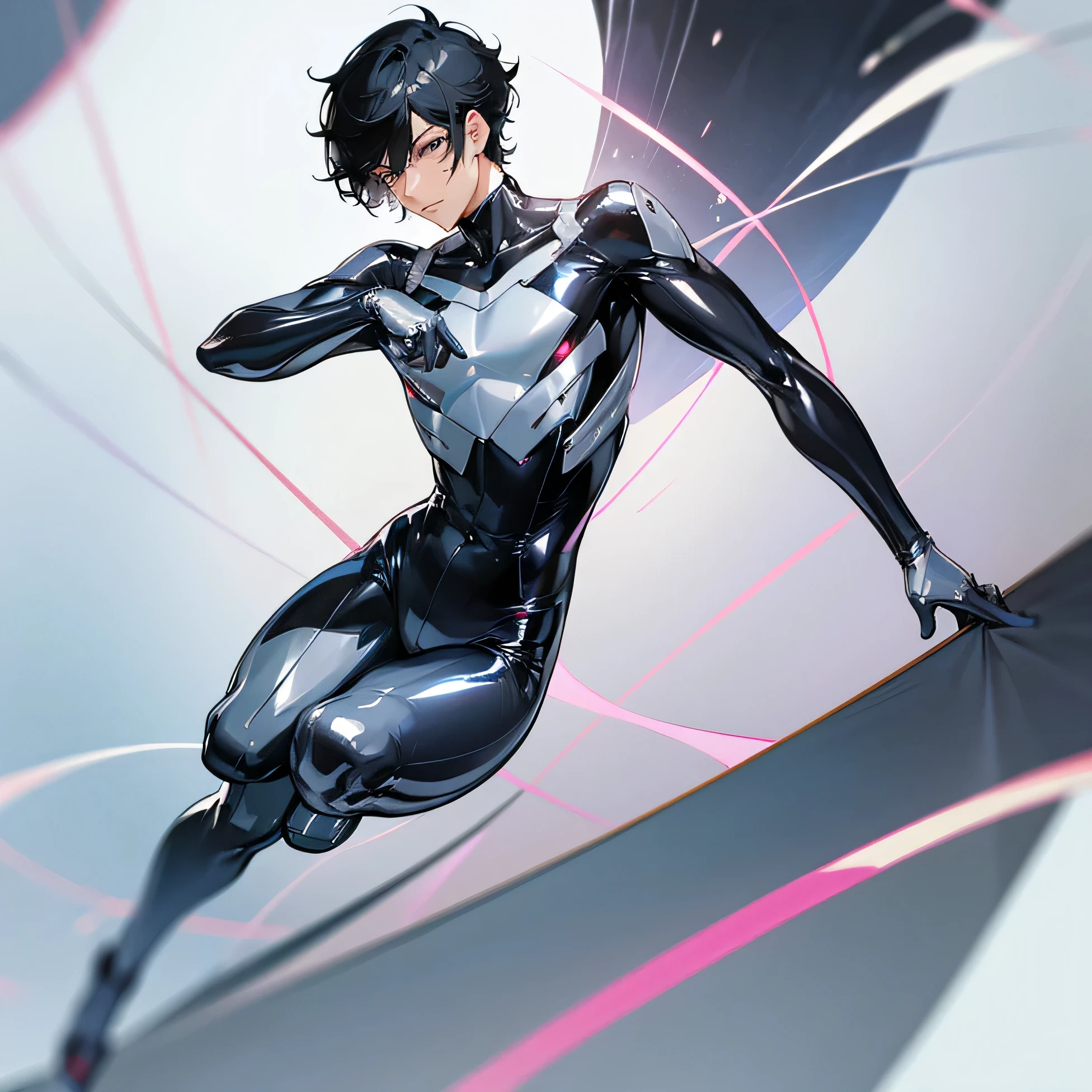 Japanese male handsome model Black Hair Short cut G-I-A-CUT looking at the camera Shiny full-body silver suit Shiny silver latex suit Fierce face Face up from collarbone Handsome