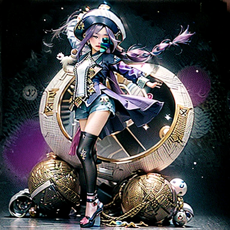 masterpiece, best quality, 10 years old, 1girl, qiqi (genshin impact), solo, thighhighs, hat, purple hair, white thighhighs, hair ornament, braid, qing guanmao, long sleeves, purple eyes, long hair, jewelry, parted lips, wide sleeves, ofuda, purple headwear, bangs, looking at viewer, outstretched arms, standing on one leg, beads, blush, shorts, dress, bead necklace, jiangshi, yin yang, single braid, black footwear, orb, necklace, blue dress, coin hair ornament, hair between eyes, very long hair, purple jacket, standing, snowflakes, shoes, cropped jacket, jacket, :o, sleeves past wrists, braided ponytail, vision (genshin impact), short shorts, bandaged leg, earrings, blue shorts, bandages, leg up, chinese clothes, yin yang orb,