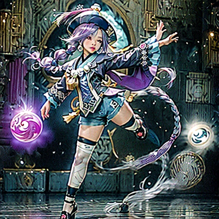 masterpiece, best quality, , 1girl, qiqi (genshin impact), solo, thighhighs, hat, purple hair, white thighhighs, hair ornament, braid, qing guanmao, long sleeves, purple eyes, long hair, jewelry, parted lips, wide sleeves, ofuda, purple headwear, bangs, looking at viewer, outstretched arms, standing on one leg, beads, blush, shorts, dress, bead necklace, jiangshi, yin yang, single braid, black footwear, orb, necklace, blue dress, coin hair ornament, hair between eyes, very long hair, purple jacket, standing, snowflakes, shoes, cropped jacket, jacket, :o, sleeves past wrists, braided ponytail, vision (genshin impact), short shorts, bandaged leg, earrings, blue shorts, bandages, leg up, chinese clothes, yin yang orb,