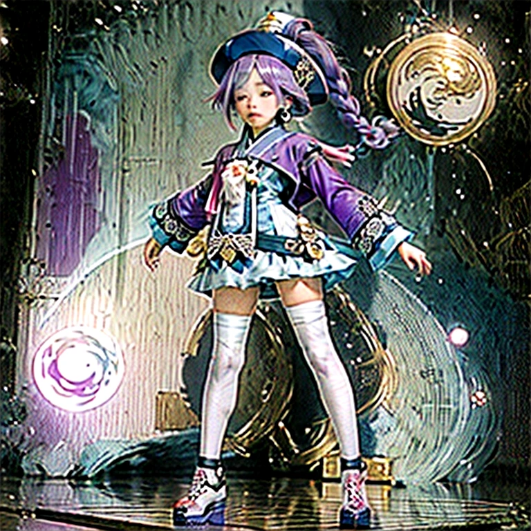 masterpiece, best quality, 10 years old, 1girl, qiqi (genshin impact), solo, thighhighs, hat, purple hair, white thighhighs, hair ornament, braid, qing guanmao, long sleeves, purple eyes, long hair, jewelry, parted lips, wide sleeves, ofuda, purple headwear, bangs, looking at viewer, outstretched arms, standing on one leg, beads, blush, shorts, dress, bead necklace, jiangshi, yin yang, single braid, black footwear, orb, necklace, blue dress, coin hair ornament, hair between eyes, very long hair, purple jacket, standing, snowflakes, shoes, cropped jacket, jacket, :o, sleeves past wrists, braided ponytail, vision (genshin impact), short shorts, bandaged leg, earrings, blue shorts, bandages, leg up, chinese clothes, yin yang orb,