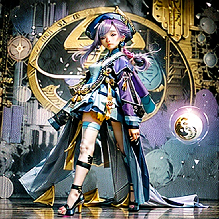 masterpiece, best quality, 10 years old, 1girl, qiqi (genshin impact), solo, thighhighs, hat, purple hair, white thighhighs, hair ornament, braid, qing guanmao, long sleeves, purple eyes, long hair, jewelry, parted lips, wide sleeves, ofuda, purple headwear, bangs, looking at viewer, outstretched arms, standing on one leg, beads, blush, shorts, dress, bead necklace, jiangshi, yin yang, single braid, black footwear, orb, necklace, blue dress, coin hair ornament, hair between eyes, very long hair, purple jacket, standing, snowflakes, shoes, cropped jacket, jacket, :o, sleeves past wrists, braided ponytail, vision (genshin impact), short shorts, bandaged leg, earrings, blue shorts, bandages, leg up, chinese clothes, yin yang orb,