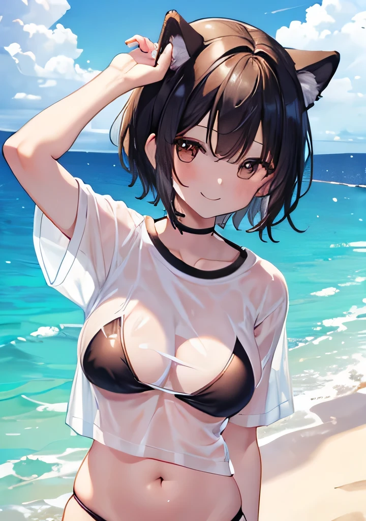 Highest quality、Big Breasts、Black Bikini、White T-shirt、The clothes are see-through、Your clothes are wet、Dog ears、Brown eyes、short hair、smile、belly button、Ocean
