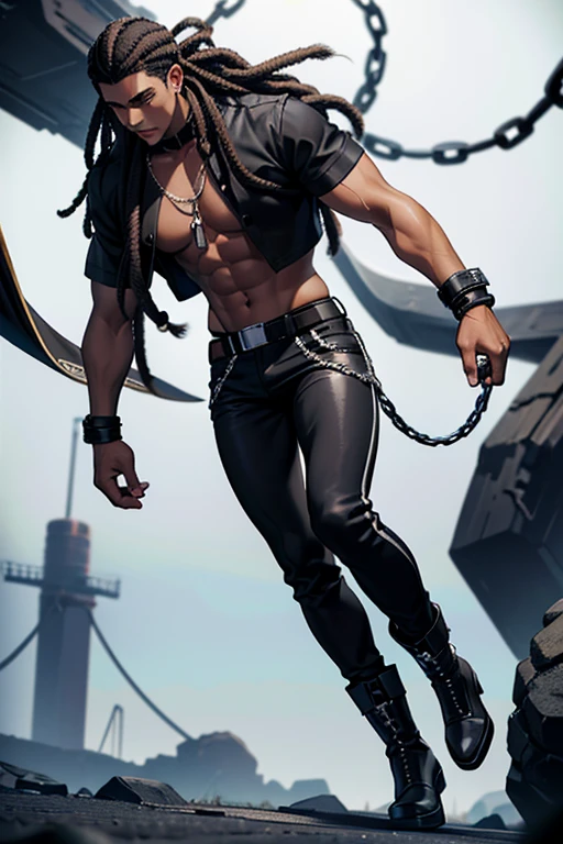 Full body image of a -yeld yo man with dark skin, with 1,90 m tall and the power to control chains an athletic body. Ele tem cabelos blackws cacheados de dreads brancos e uma faixa turbante de baixo do cabelo, olhos blackws brilhantes. Your skin is black and black, blackw.  camisa regata branca com blackw e um casaco por cima blackw com detalhes em branco e com um capuz, black pants with white seams at the knee, with chains, stylish black military boots full of belts and chains, 