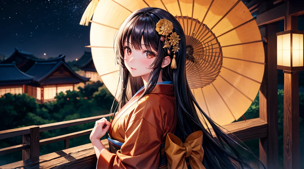 One girl, Long black hair, Brown eyes, Wearing a beautiful Japanese kimono, Gingko tree, Japanese Festivals,night,High resolution, Super sharp, 8k, masterpiece, View your viewers