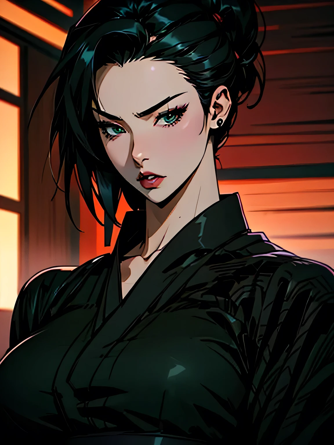 hyper-realistic of a mysterious woman with short black hair, piercing green eyes, wearing black yukata