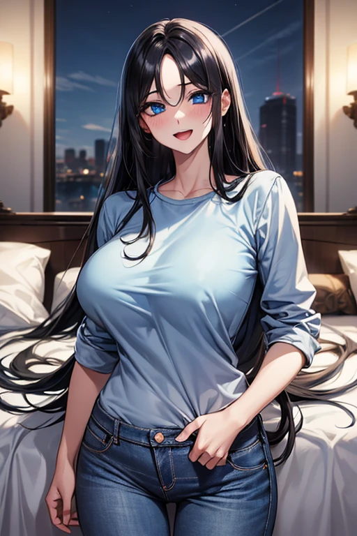 (((sky blue))), Very detailed、highest quality、Best image quality、masterpiece、8k、Anime Face、A kind smile、Open Mouth、(black long hair:1.5)、big breast, sexy、 beautiful body 、Cowboy Shot, Sexual Intercourse, ((blue eyes)), hotel bedroom, (((Jeans))),