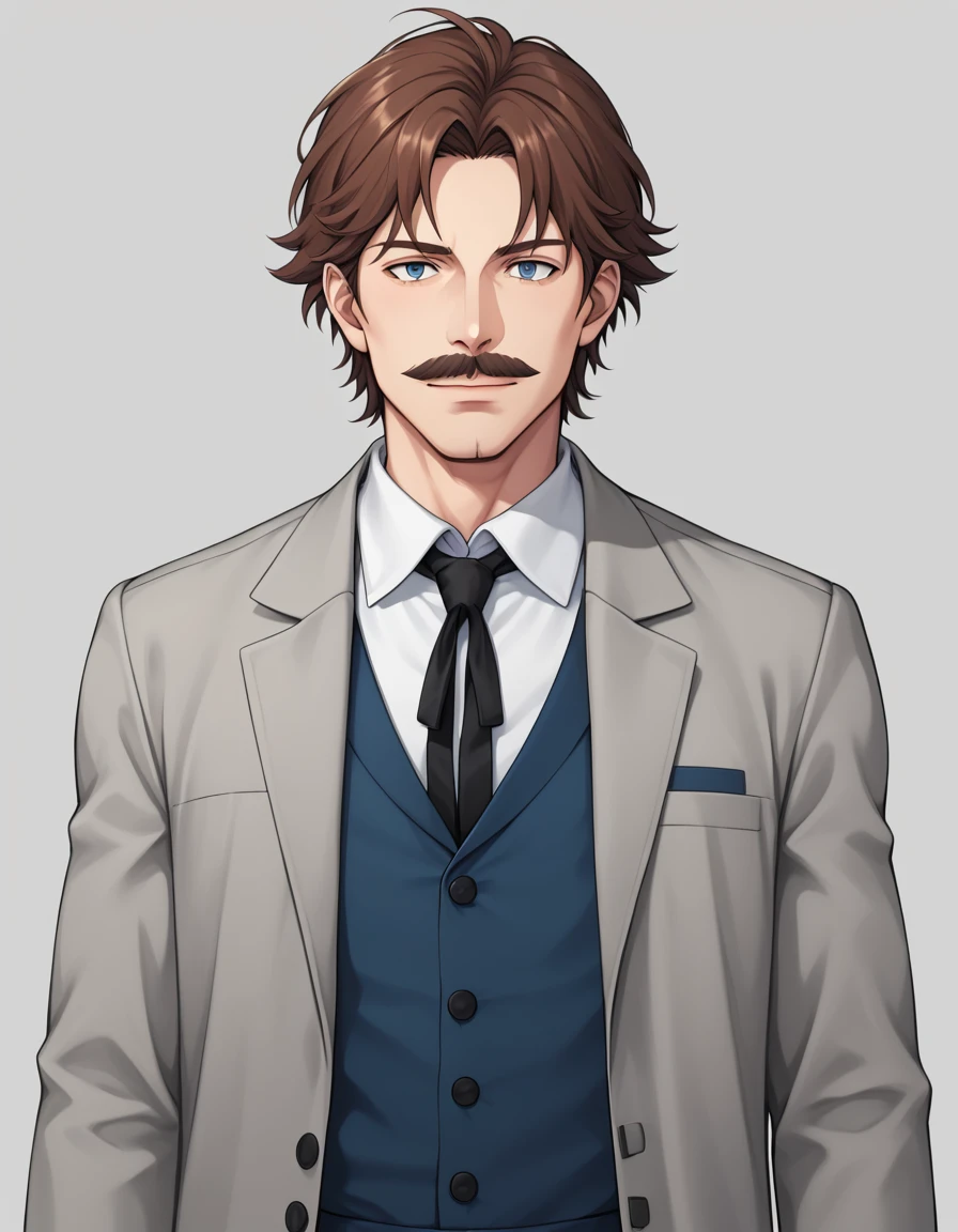 1man, mature male, parted bangs, medium-short hair, brown hair, muscular male celeb, short goatee, short mustache, indigo eyes, gentleman, elegant netori male, dark iris, upperwaist, BREAK solo, white collared shirt, gray trench coat, black neck ribbon, in gentle sasaki style, visual novel, 2010s, extreme all detailed, masterpiece, best quality, BREAK score_9, score_8_up, score_7_up, source_anime