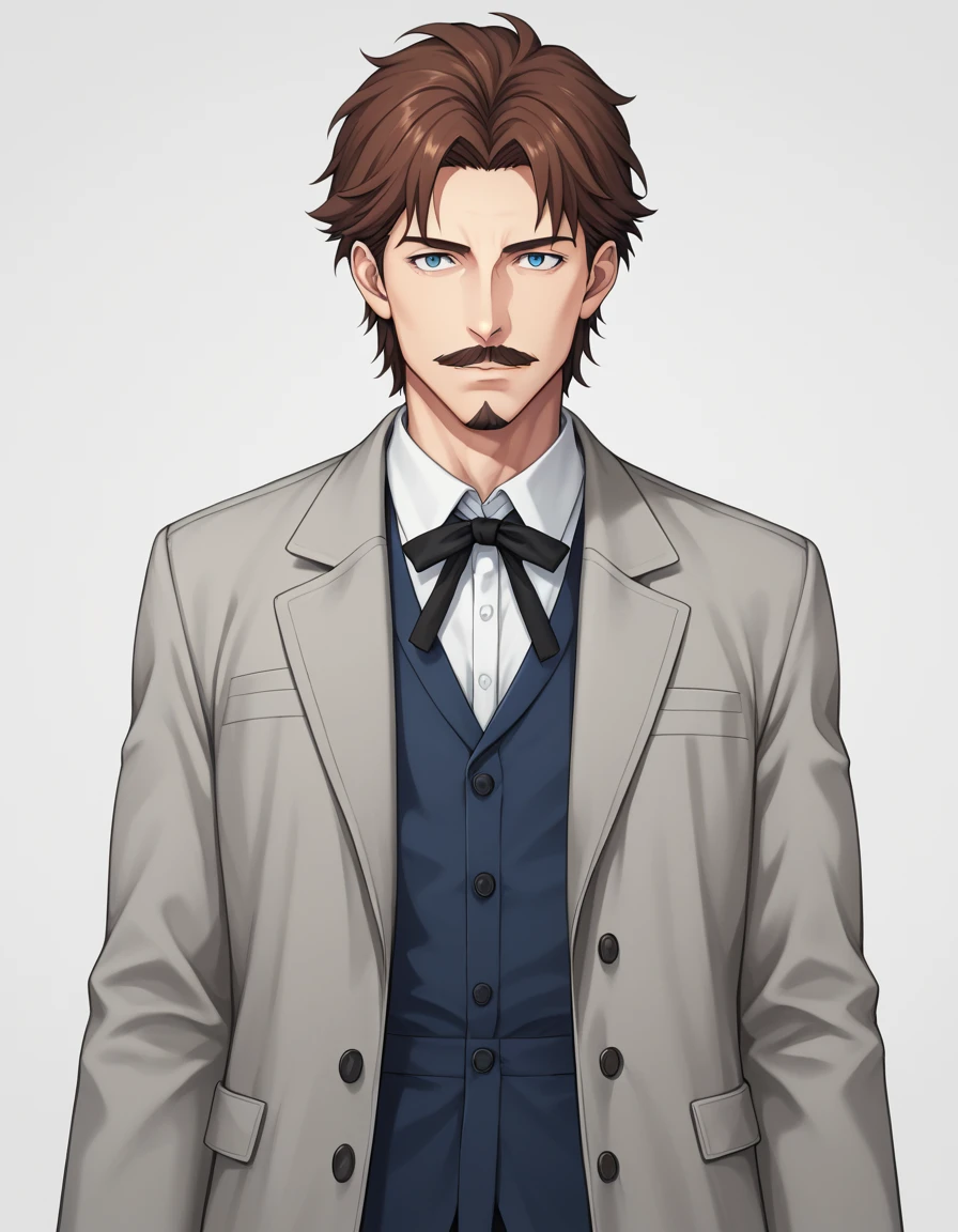 1man, mature male, parted bangs, medium-short hair, brown hair, muscular male celeb, short goatee, short mustache, indigo eyes, gentleman, elegant netori male, dark iris, upperwaist, BREAK solo, white collared shirt, gray trench coat, black neck ribbon, in gentle sasaki style, visual novel, 2010s, extreme all detailed, masterpiece, best quality, BREAK score_9, score_8_up, score_7_up, source_anime