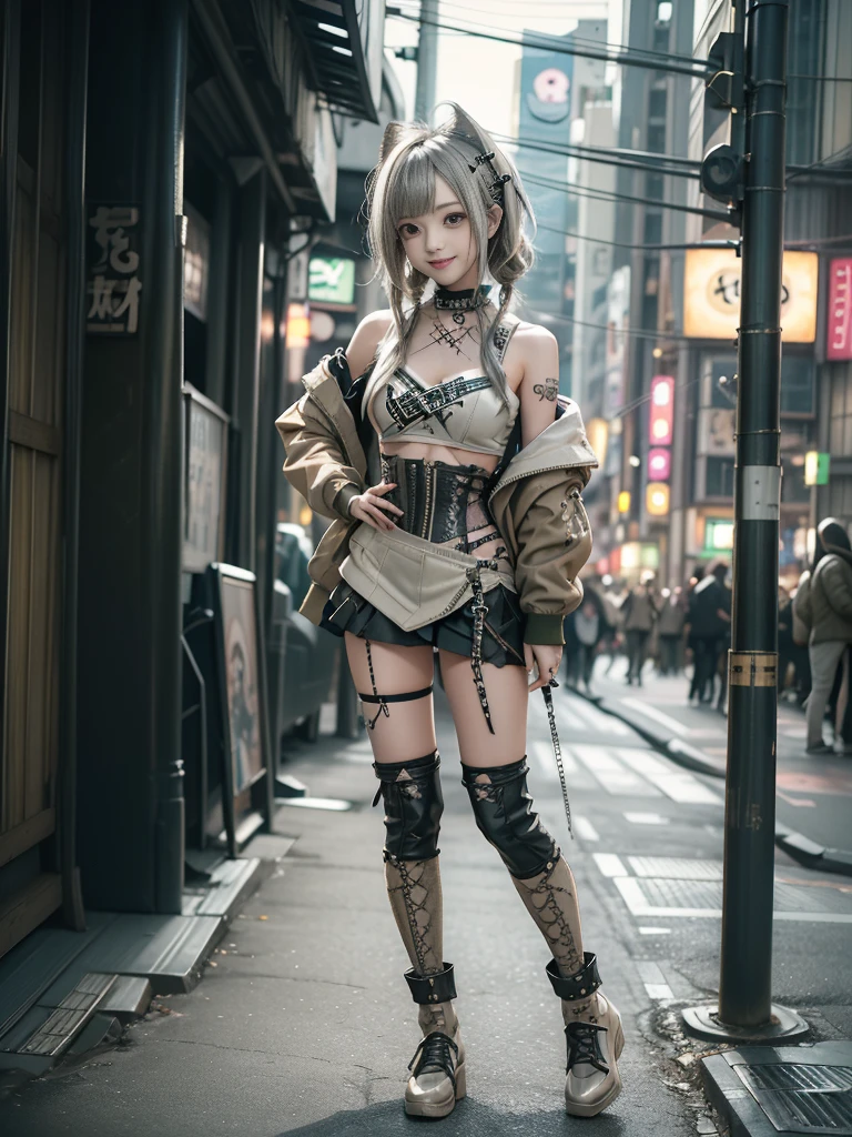 (Full Body View:1.2)、(Smiling with teeth showing:1.3),(Shibuya Gal:1.5)、(Beautiful gravure model:1.5)、(Neo-goth fashion:1.5)、(Punk RockVisual Kei:1.5)、(An off-the-shoulder hoodie in olive and beige colors, adorned with delicate silver accessories.:1.5)、(Beige and white corset with delicate design:1.4)、(Olive and white snakeskin bodysuit:1.5)、(head band:1.3)、(Beige and olive knee socks:1.4)、Embellished collar and long boots、(I&#39;m selling snake print underwear.:1.4)、(Long eyelashes:1.3)、(20-year-old)、((Highest quality、8k、masterpiece:1.3))、1 Female、Slim and beautiful abs:1.3、(hairstyle casual、Beautiful boobs:1.1)、(Doing an aerobics pose:1.3)、dress:1.1、Super small face、Narrow eyes、double eyelid、A sloppy smile、Esbian all over body、Dynamic Angle、Close-up、CPL Filter、Blurred Background、Bokeh、Blue Hour、Detailed face and skin texture、Detailed eyes、,(Twin tails:1.3)、(Black brown hair:1.3)、Gravure idol、(The background is a bright and glamorous fashion show stage.:1.3)、(Make your legs thinner:1.4)、(Slim Body:1.3)、(clavicle:1.1)
