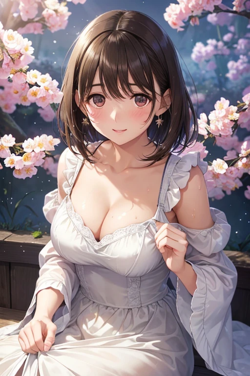 anegasaki nene、Shiny brown hair, short hair, (Beautiful brown eyes、Sparkling eyes, Fine grain)、smile、Ultra-detailed eyes、Highly detailed face, Highly detailed eyes,


(Highest quality, Realistic:1.2), Amazing eyes, Captivating glowing eyes, Long dress with sleeves,
 abdomen, Delicate blush, Mesmerizing night view, Flowers blooming under the moonlight, The warm sunlight filtering through the branches casts a gentle glow., The cleavage is open,Wet, bubble