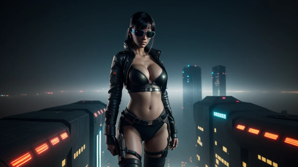 aerial view of cyberpunk futuristic city at night. (((1girl, solo, alone))), large-:1.2 slim:0.6 body, slim face, cleavasexy jacket, (ck sunglasses), (((holding a pistol))), dynamic pose, ((half-body thigh:1.1 level medium shot)), mysterious fog, cinematic lighting, ray tracing.