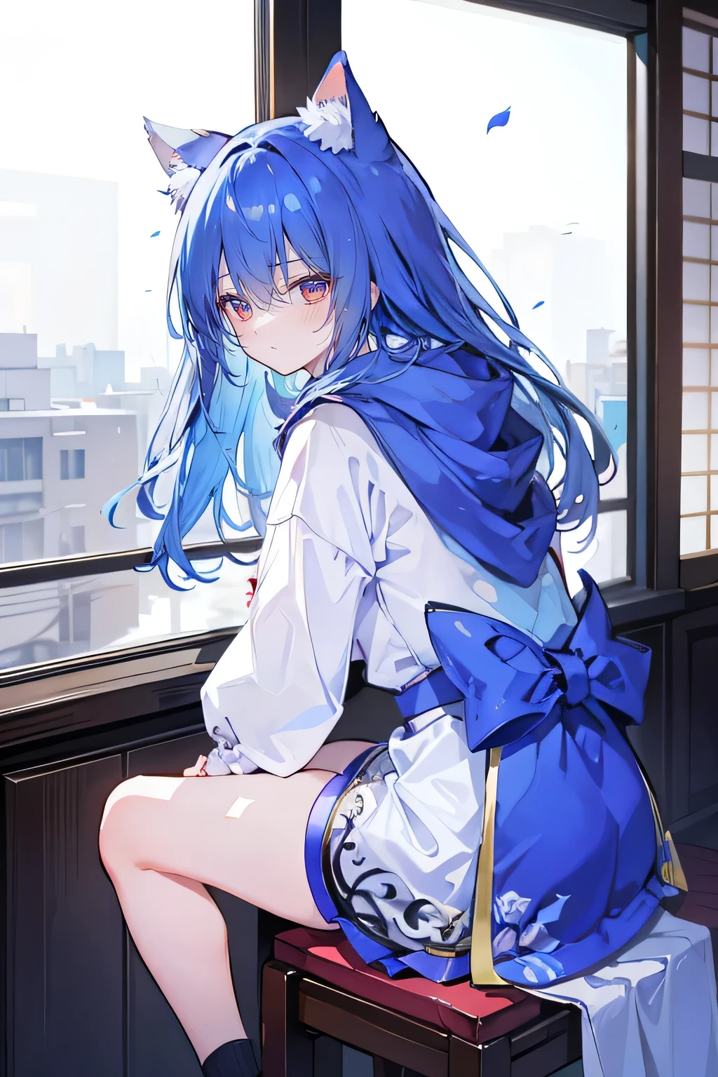 (masterpiece:1.2),Super detailed,lifelike,Expressive eyes,fair skin,perfect face shape,1 girl,
Japanese comics,Gorgeous blue hair,flowing blue hair,flowing clothes,Cat ears,Petals fall,beautiful lola,Baby Angel,
Shaking head with one hand,Cross your legs,smile, wearing hoodie, ,back views,snowing, winter,City Street Scene,winter。sitting on window, looking out the window,Turn your back to the audience,winter。