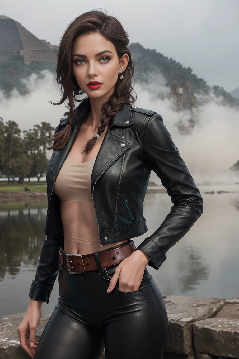 Sexy archaeologist, Thin, High target, Long black braided hair, Green Eyes, Red lips, White skin, sports, Slim, Brown Leather Tights, Blue flannel shirt, Black leather jacket, wide belt, Standing on the shore of a pristine lake, Aztec pyramids blurred in the distance, mist, FOG, blurred shadow, Reality,