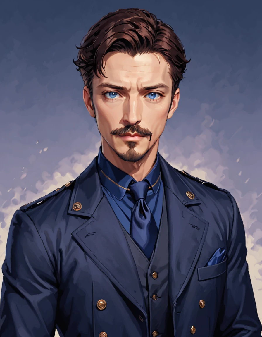 1man, mature male, parted bangs, medium-short hair, brown hair, muscular male celeb, short goatee, short mustache, indigo eyes, gentleman, elegant netori male, dark iris, upperwaist, BREAK solo, white collared shirt, gray trench coat, black neck ribbon, in gentle sasaki style, visual novel, 2010s, extreme all detailed, masterpiece, best quality