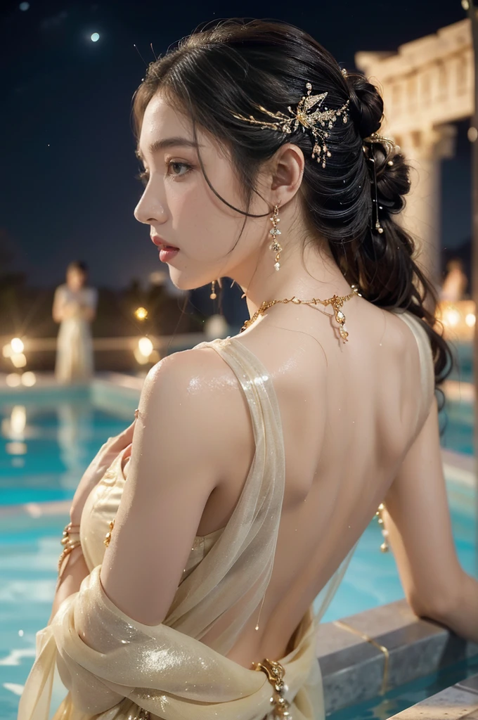 (((best quality))),(((ultra detailed))),(((masterpiece))),illustration,((1 beautiful girl,ancient greek princess,solo)),((earrings,crystal necklace)),(((sweat,wet,shiny skin))),((slim,thin)),((bare back,towering hips,butt crack)),(Gorgeous sheer dress:1.3),(((luxurious pool,grand temple,starry night sky))),summer,radiant complexion,(shoulder length straight hair:1.2),graceful,intricate patterns,embellishments,shimmering fabric,rainbow colors,gentle waves,fragrant oils,lush plants,elegant columns,serene ambiance,(surrounded by crowded crowds of attendants:1.3),ritual of cleansing,opulence,tranquility,solitude,busy life,timeless,enchanting image,essence of ancient greece,((from back,upper body))