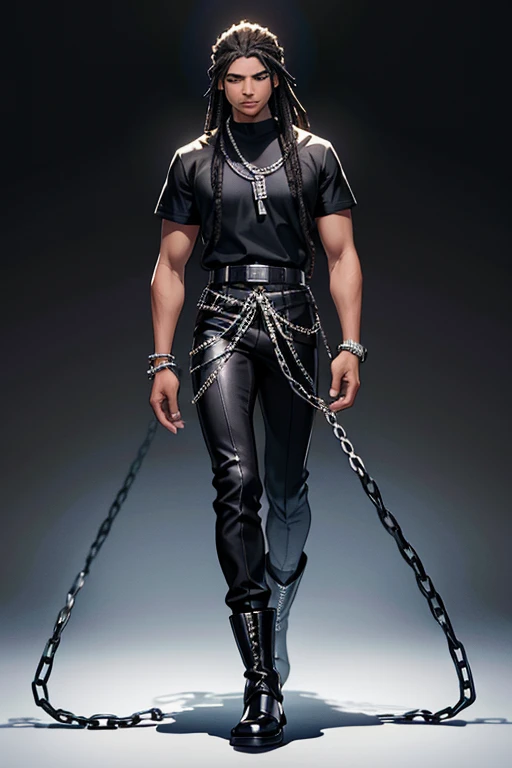 Full body image of a 17-year-old young man with dark skin, with 1,90 m tall and the power to control chains an athletic body. Ele tem cabelos blackws cacheados de dreads brancos e uma faixa turbante de baixo do cabelo, olhos blackws brilhantes. Your skin is black and black, blackw. camisa regata branca com blackw e um casaco por cima blackw com detalhes em branco e com um capuz, black pants with white seams at the knee, with chains, stylish black military boots full of belts and chains,