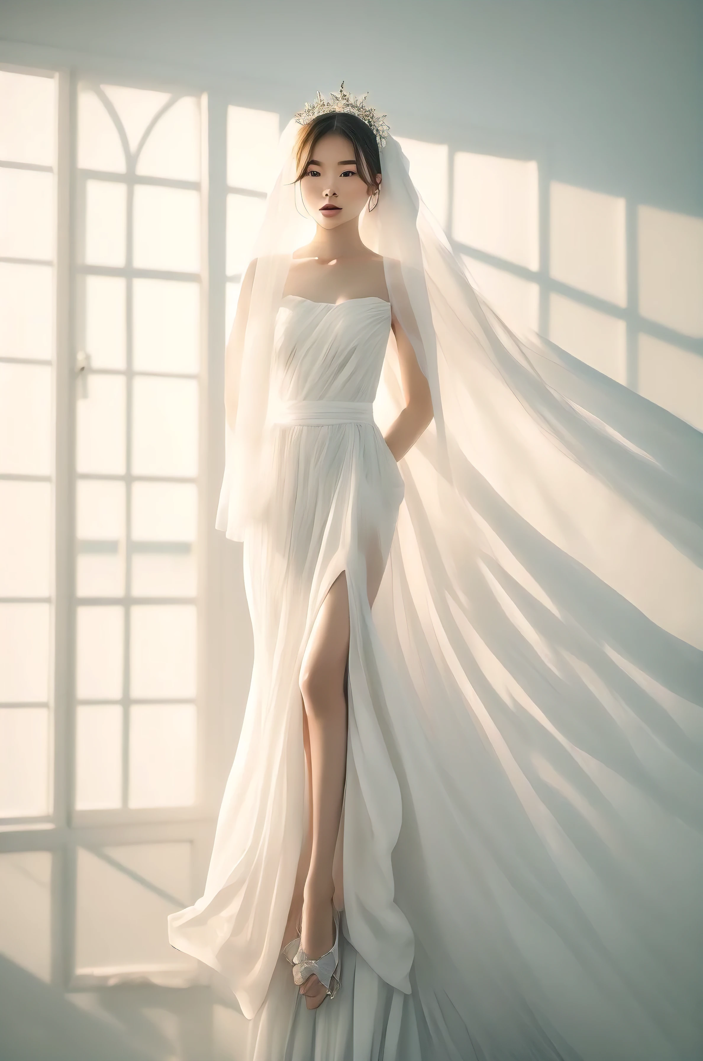 Best quality, 8k, 32k, Masterpiece, Masterpiece, (Photorealistic: 1.4), RAW photo, ultra realistic, 1girl，Fashion model, Wearing a white mermaid wedding dress, tulle fabric, full length view, pose in white room with indoor decorative palm tree, Stand upright