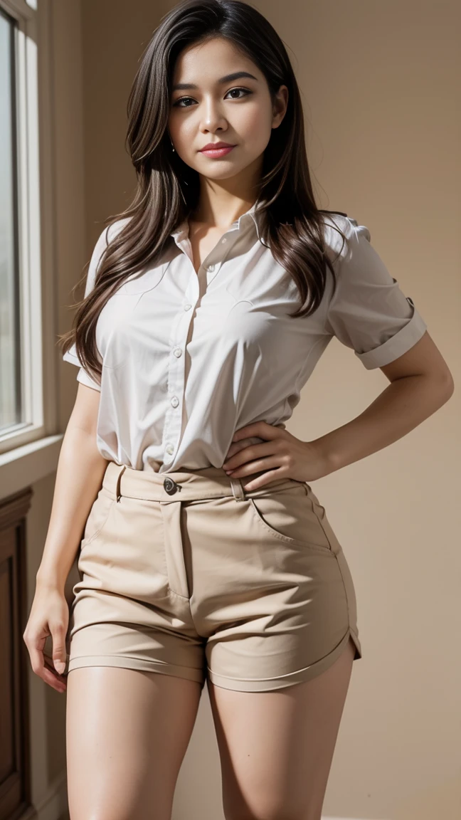 a pretty woman, dressed in white shirt, full body portrait, nice perfect face with perfect face, hyper realistic concept, 8k resolution, photography quality, posing for a photo, photo realistic,