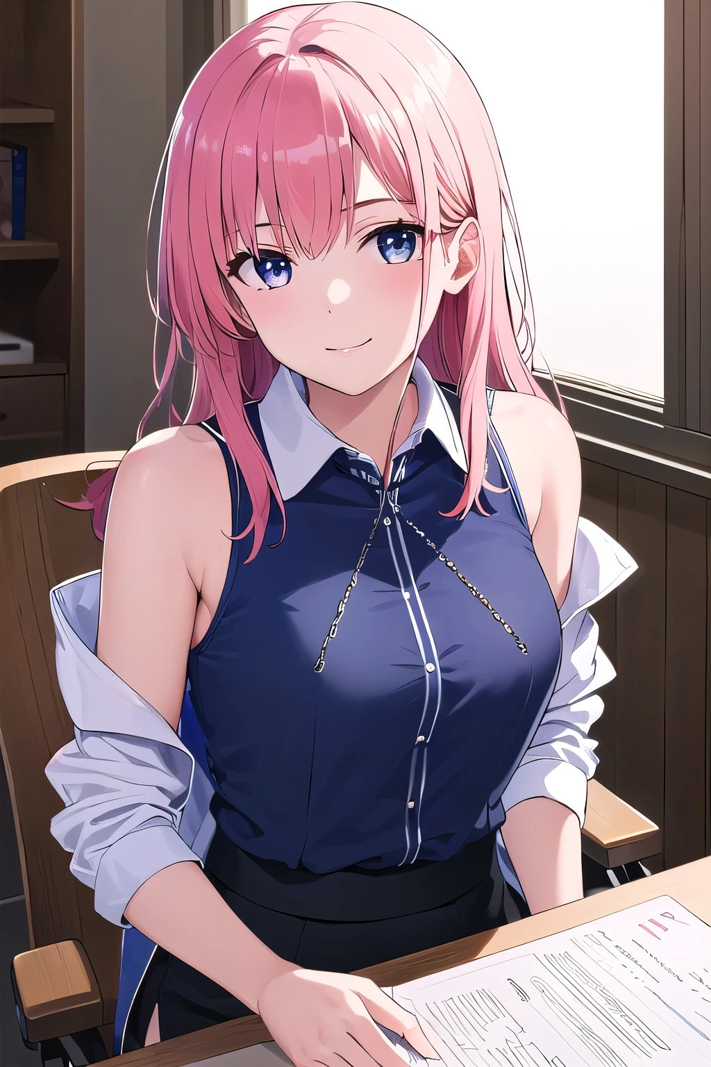  (8K, top-quality, masterpiece:1.2), (reallistic, Photorealsitic:1.37), Super Detail, One girl,), (Highly detailed), (beautifully detailed eyes), (of the highest quality), (super detailed ), (masterpiece), (Detailed face),20yr old, ,1 girl, ((pink hair,long hair)), medium breasts, clothed, Perfect Lighting, BREAK, (royal blue:1.2), (glossy jacket:1.3), (silver:1.2), (metallic:1.2), (white:1.2), (cami:1.2), (navy blue:1.2), (silk blouse:1.3), (glossy tight mini skirt:1.3), (silver chain:1.2), (black glossy tights:1.1), (blue pumps:1.2), (silver accessories:1.1), BRAKE, (elegant businesswoman:1.1), (upper body and thighs:1.1), (sitting on office chair:1.2), (pink long hair:1.2), (side part:1.1), (soft waves:1.1), (elegant smile:1.1), (slight head tilt:1.1), (crossed legs:1.2), (elbow on chair:1.2), (white background:1.1), (warm lighting:1.1), (emphasize hair and fabric shine:1.1)

