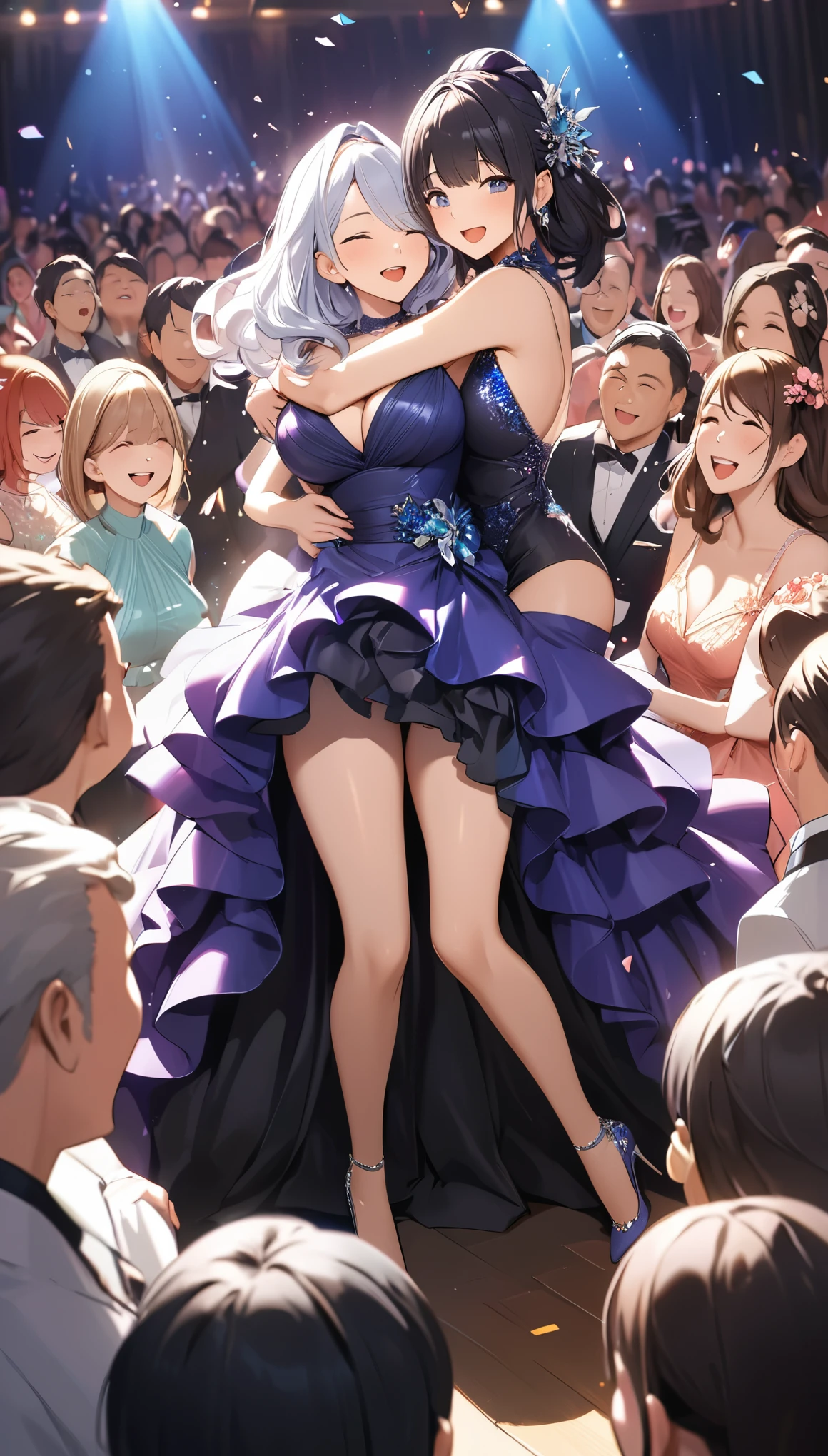 Highest quality, Great quality, 16K, Unbelievably absurd, Very detailed, 2.5D, delicate and dynamic, Oscar, audience, Dress, Joy, (one sexy lady, big bouncing busts, fancy party dresses, great joy, Banzai, hug)