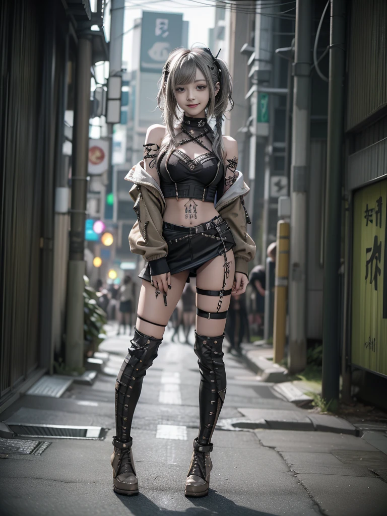 (Full Body View:1.2)、(Smiling with teeth showing:1.3),(Shibuya Gal:1.5)、(Beautiful gravure model:1.5)、(Neo-goth fashion:1.5)、(Punk RockVisual Kei:1.5)、(An off-the-shoulder hoodie in khaki and charcoal with delicate silver accessories.:1.5)、(A corset with a delicate beige and brown design:1.4)、(Olive and light brown snakeskin bodysuit:1.5)、(head band:1.3)、(Beige and charcoal knee socks:1.4)、Embellished collar and long boots、(I&#39;m selling snake print underwear.:1.4)、(Long eyelashes:1.3)、(20-year-old)、((Highest quality、8k、masterpiece:1.3))、1 Female、Slim and beautiful abs:1.3、(hairstyle casual、Beautiful boobs:1.1)、(Doing an aerobics pose:1.3)、dress:1.1、Super small face、Narrow eyes、double eyelid、A sloppy smile、Esbian all over body、Dynamic Angle、Close-up、CPL Filter、Blurred Background、Bokeh、Blue Hour、Detailed face and skin texture、Detailed eyes、,(Twin tails:1.3)、(Black brown hair:1.3)、Gravure idol、(The background is a glamorous dance hall:1.3)、(Make your legs thinner:1.4)、(Slim Body:1.3)、(clavicle:1.1)
