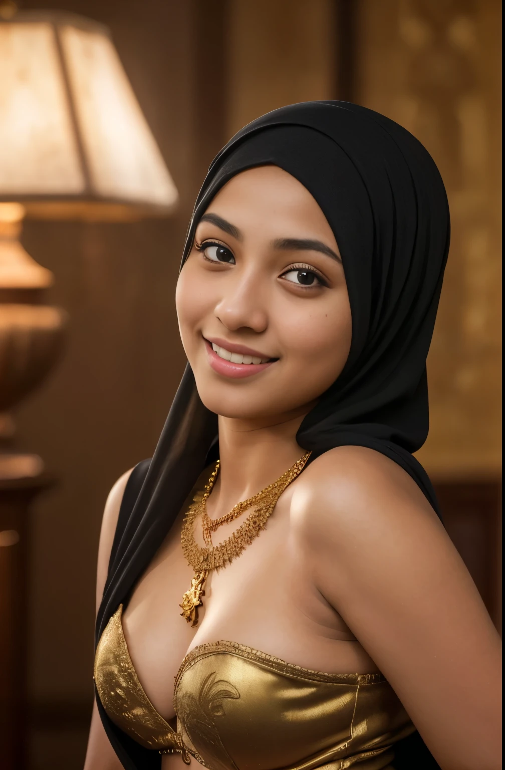 silver bellydancer, cleavage,  beautiful teen javanese girl with hijab and few soft freckles, mole below eyes, detail skin texture, smile, , dramatic light , Rembrandt lighting scheme, (hyperrealism:1.2), (8K UHD:1.2), (photorealistic:1.2), shot with Canon EOS 5D Mark IV, detailed face, detailed skin texture, 35mm, over-the-shoulder shot,cool-toned color grading, Deep Focus cinematography effect, Natural Lighting, high quality, ultra detail, 8k resolution,
