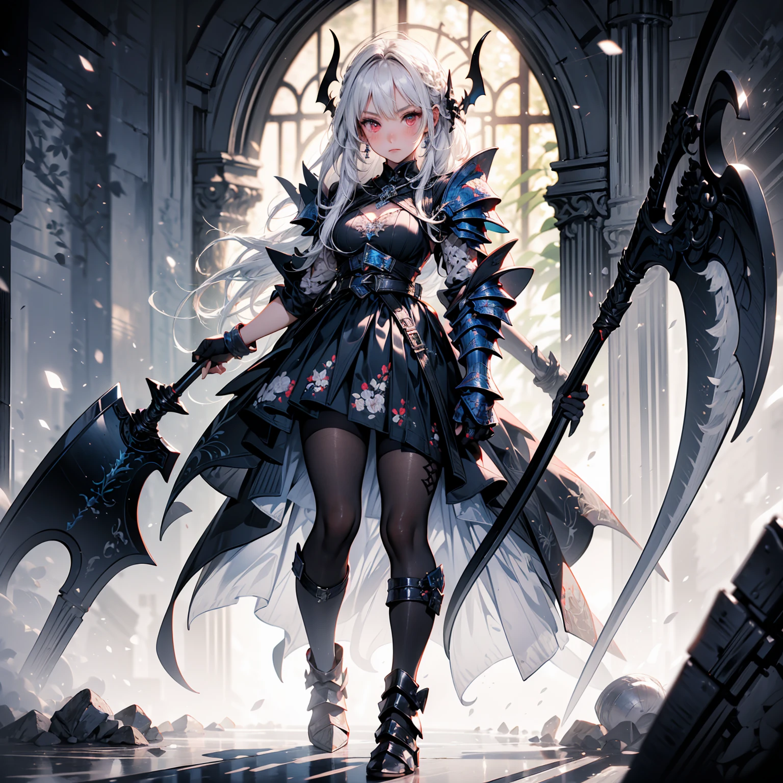 (((masterpiece, best quality, high detailed, 8k))) Design a layout showcase Gaming character, (1girl) Slender cute girl character with short stylish white hair and piercing eyes. She wears a demonic armor in purple black and white. wields a large, stylized scythe. The character has a menacing expression, with a chaotic environment as the background. ((full body front view)). ((slender)), (extremely detailed:1.5), (long white hair:1.2), (piercing red eyes:1.2), (chaotic environment:1.1), (demonic armor:1.3), (stylized scythe:1.3).