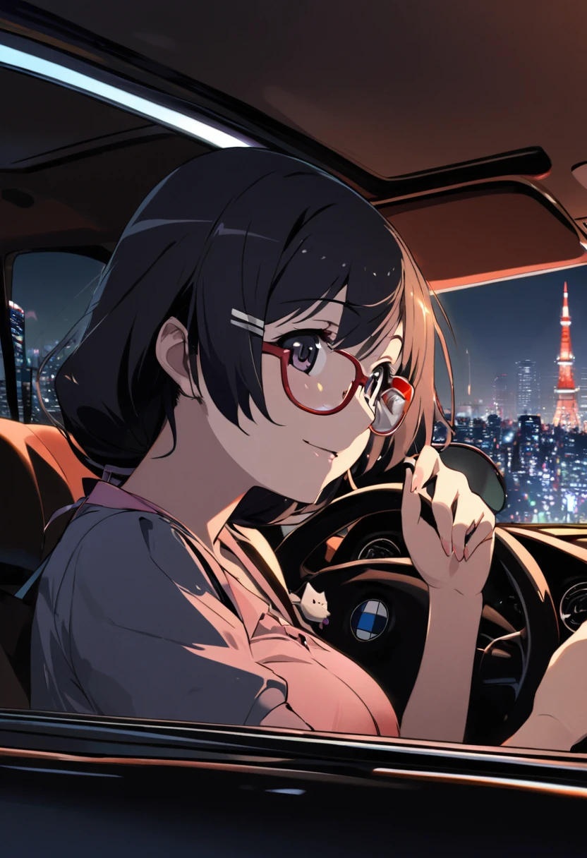 1girl, hanekawa tsubasa, monogatari (series), view from inside luxury BMW, driving on Tokyo Metropolitan Expressway, nighttime cityscape through windshield, red-framed glasses, long black hair partially visible, calm focused expression, one hand on steering wheel, other hand adjusting glasses, book visible on passenger seat, cat-shaped charm hanging from rearview mirror, dashboard displays complex information, city lights reflecting off her glasses, Tokyo Tower in distance, masterpiece, best quality, absurdres, intellectual night driving atmosphere


