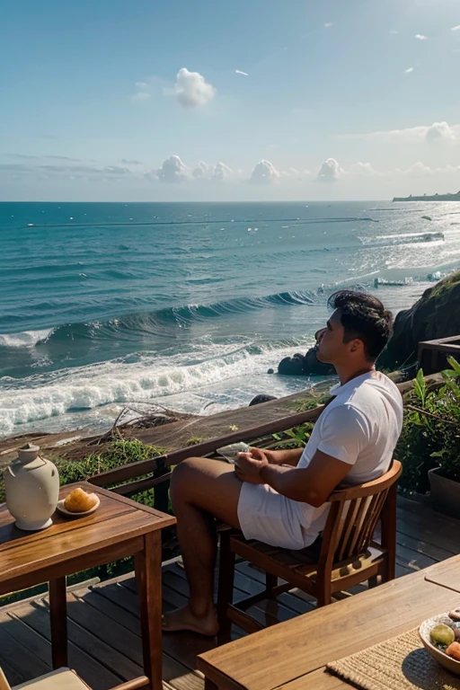 :

"In the picture, Chatip is seen sitting by the sea. He was sitting at a wooden table with a soft backrest. The sea breeze blows past. make him feel refreshed He had a rice plate with fresh food. placed on the table It might be steamed rice and grilled fish with fresh vegetables. The beach is within sight. Ocean waves crashing onto the shore. Under the clear sky This is when he relaxes and enjoys the view.

