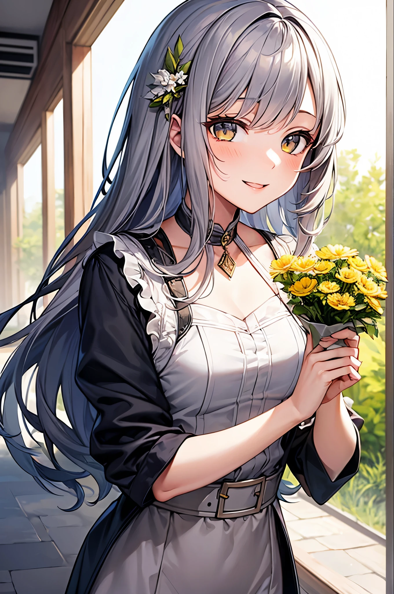 masterpiece, Highest quality, One girl, Gray Hair, smile, View your viewers, Adult, Fully mature, Holding flowers