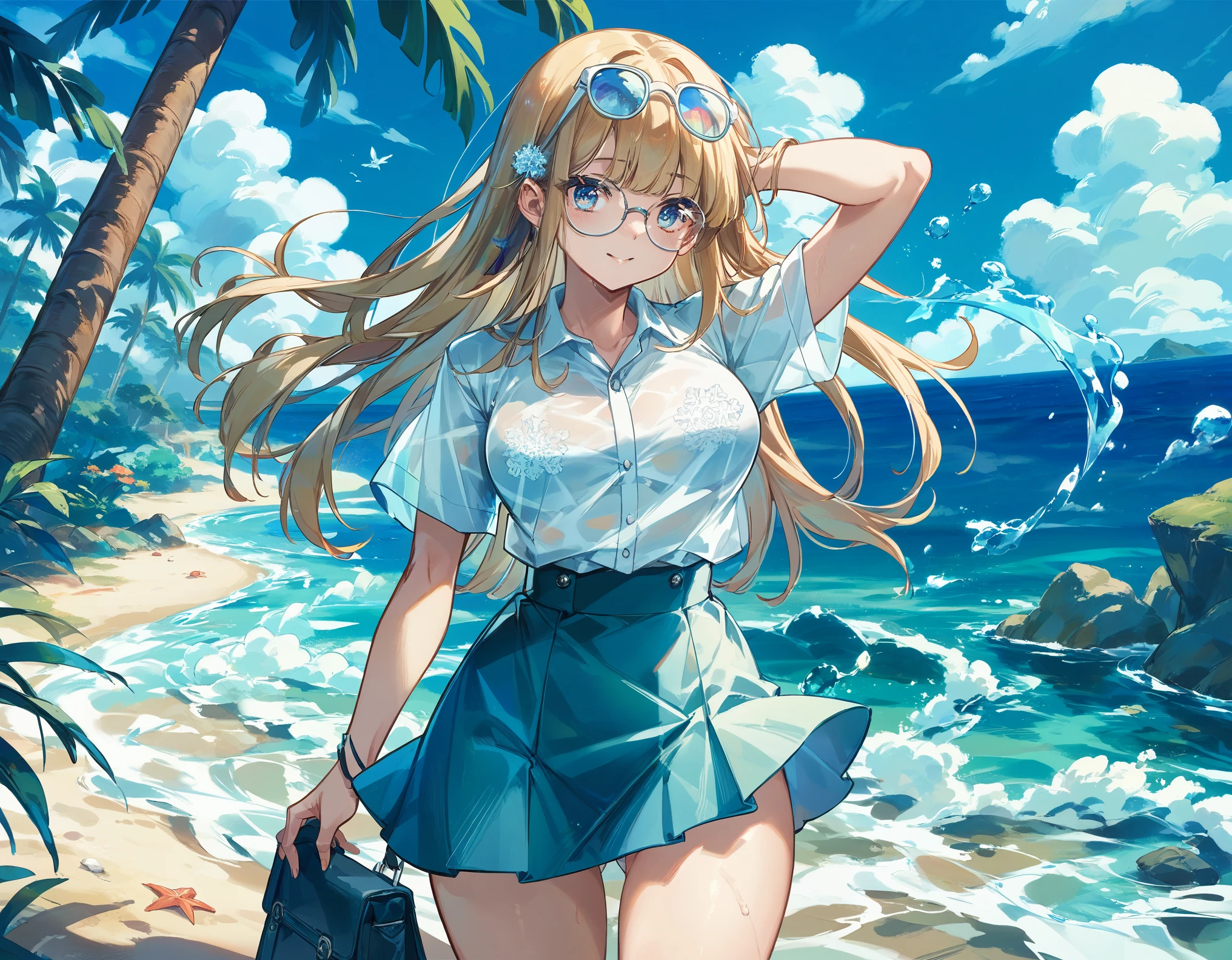  sticking to shirt、Her breasts are visible through her blue and white striped shirt、Blue flared skirt、She lifts her skirt to reveal her cute white lace underwear、Long haired girl wearing glasses、whole body、Sandy beach and blue sky