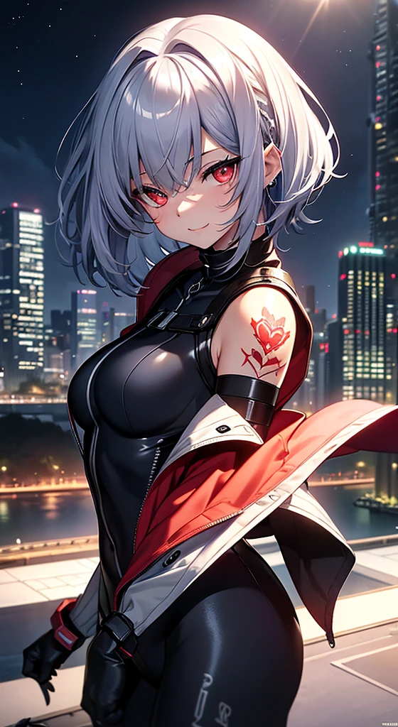 top-quality、Top image quality、in 8K,4K,masterpiece、、ultra-detailliert、Beautiful、ultra-quality、adult-like、Cool、girl with(((18year old、rubbersuit:1.2、、silber hair、a short bob、Red Eyes、erotick:1.1、Happiness、The tattoo)))、hiquality、visualart、Background with((nightcity:1.2))、masutepiece