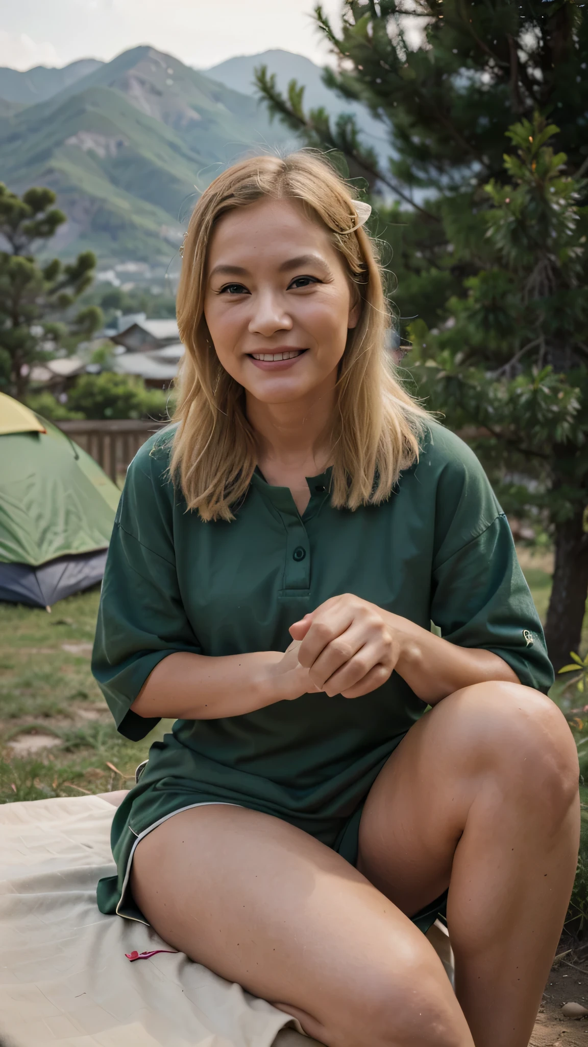 old asian woman, blond hair, green eyes, 50 years old, the teacher, smile, sitting on the mountain, wearing, holding a tent in the hand