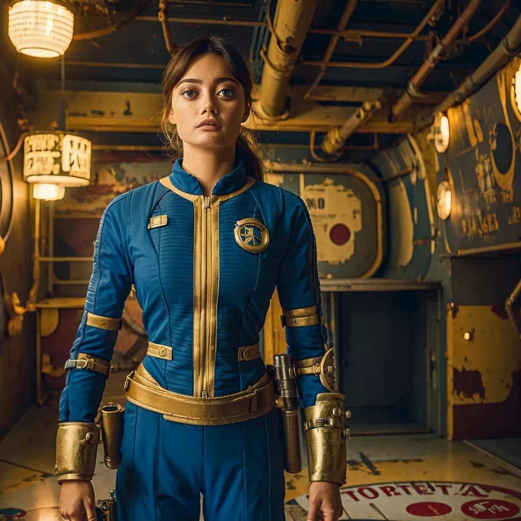 (One person). Fallout TV series. Inside a dimly lit large room in a post-apocalyptic (casino) in Las Vegas. Vaultsuit Lucy, an 18-year-old vault dweller wearing a blue and gold vaultsuit, her black hair disheveled, clutching a large gun in a dimly lit, post-apocalyptic casino. Cinematic. realistic colors, realistic, photorealistic. EllaPurnell1
