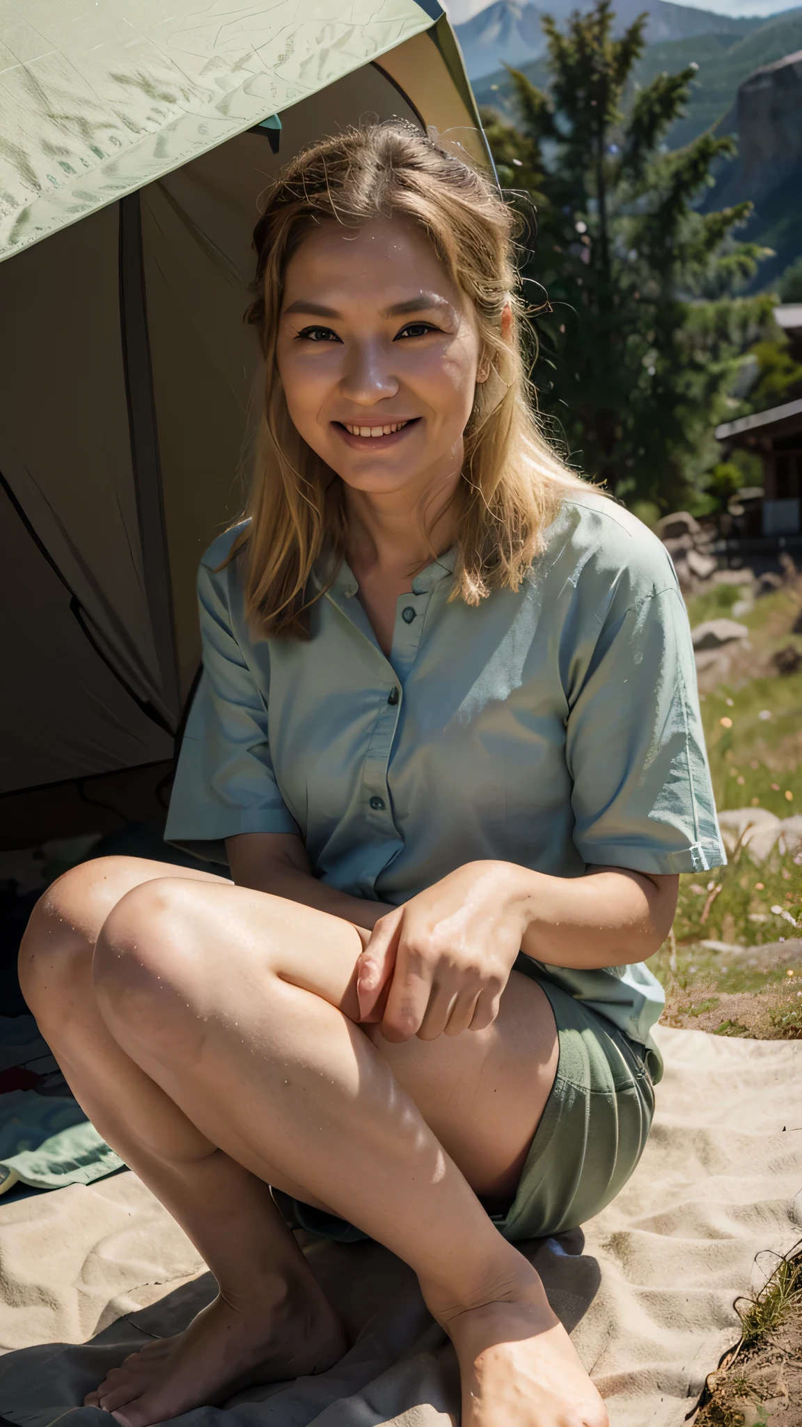 old asian woman, blond hair, green eyes, 50 years old, the teacher, smile, sitting on the mountain, wearing, holding a tent in the hand