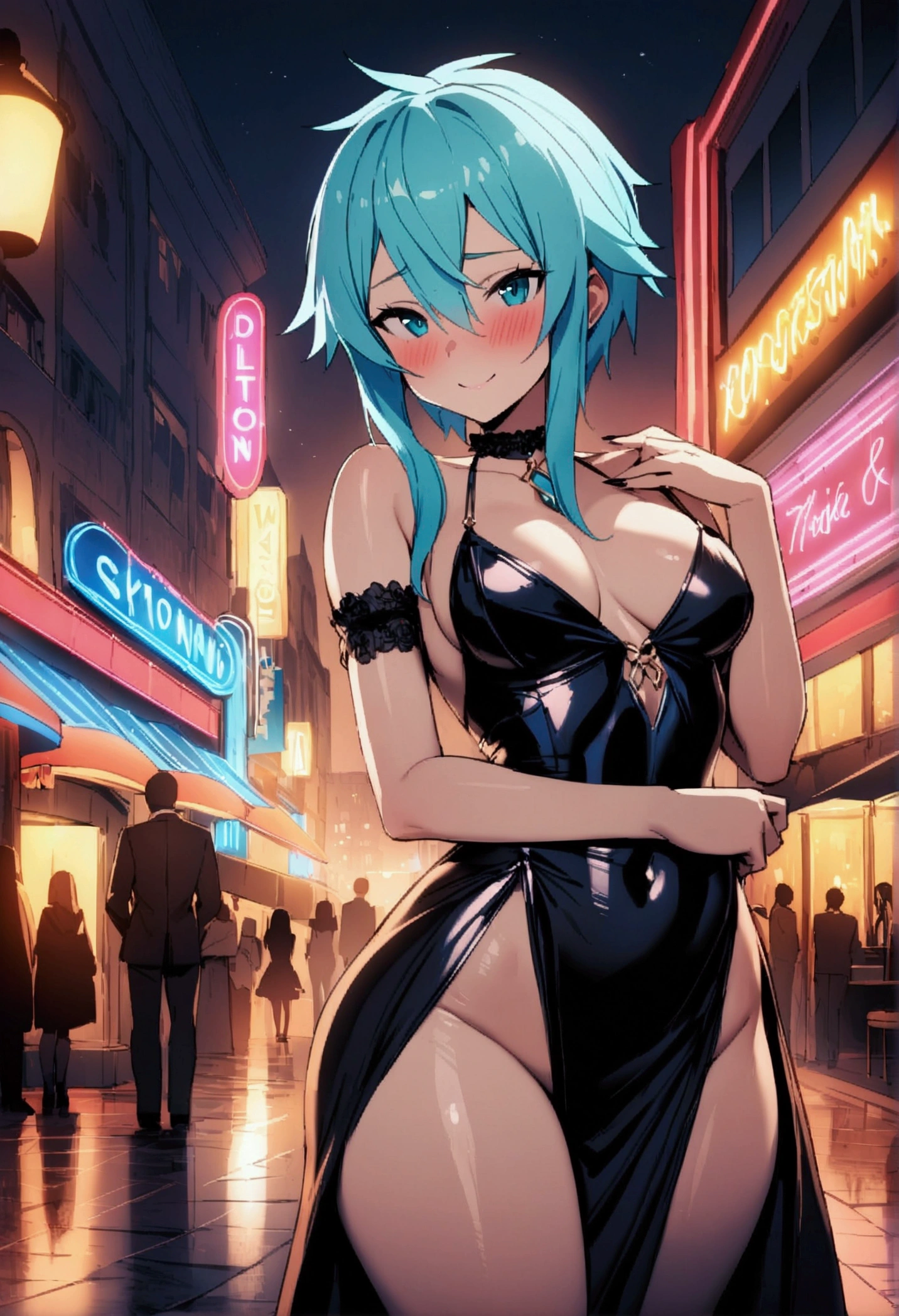 NSFW,masterpiece,Highest quality,High resolution,Very detailed,Sinon\(Sword Art Online\),Bewitching Smile,blush,(),hostess dresses,Hotel town at night,Neon Town,Touts