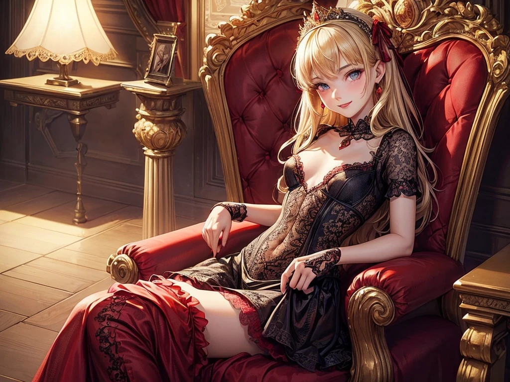 (((top-quality, masterpiece))), (best quality), (detailed), light layer, depict young girl, age girl, happy, smiling, red lipstick, highly detailed beautiful face, delicate girl, delicate face, beautiful face, blonde straight hair, deep blue eyes, (((small breasts))), nice hips, flat belly, slim waist, defined chest, defined collarbone, ultra realistic, photorealistic, detailed, ,Enhance, ((sofisticate red lace pretty princess dress)), frills and ribbons, black lace stocking, lace gloves, golden tiara, jewelery, white spotlight, (sitting in a luxurious throne),  cinematic shadow, extremely detailed and beautiful background, warming atmosphere