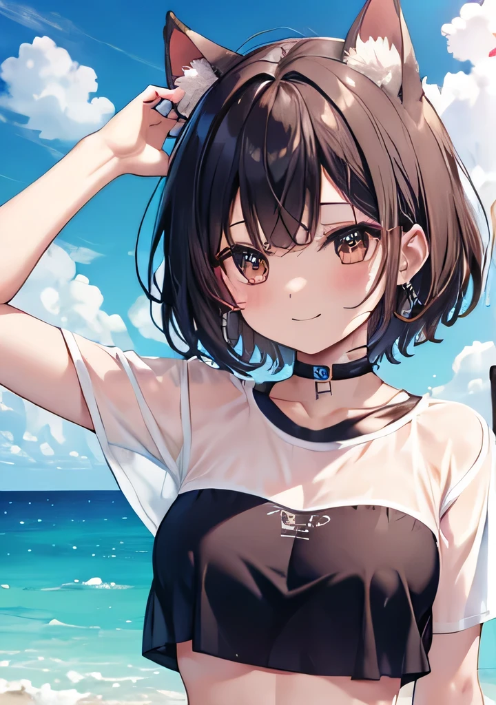 Highest quality、Big Breasts、Black Bikini、White T-shirt、The clothes are see-through、Your clothes are wet、Dog ears、Brown eyes、short hair、smile、belly button、Ocean