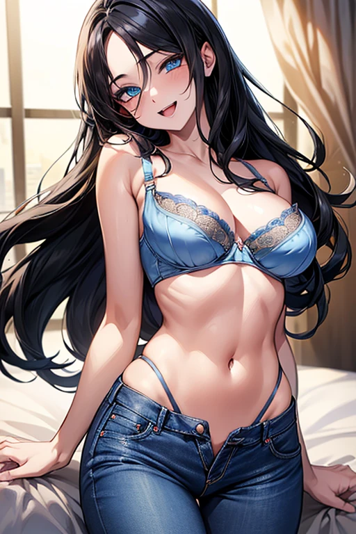 (((sky blue bra))), Very detailed、highest quality、Best image quality、masterpiece、8k、Anime Face、A kind smile、Open Mouth、(black long hair:1.5)、big breast, sexy、 beautiful body 、Cowboy Shot, Sexual Intercourse, ((blue eyes)), hotel bedroom, (((Jeans))),