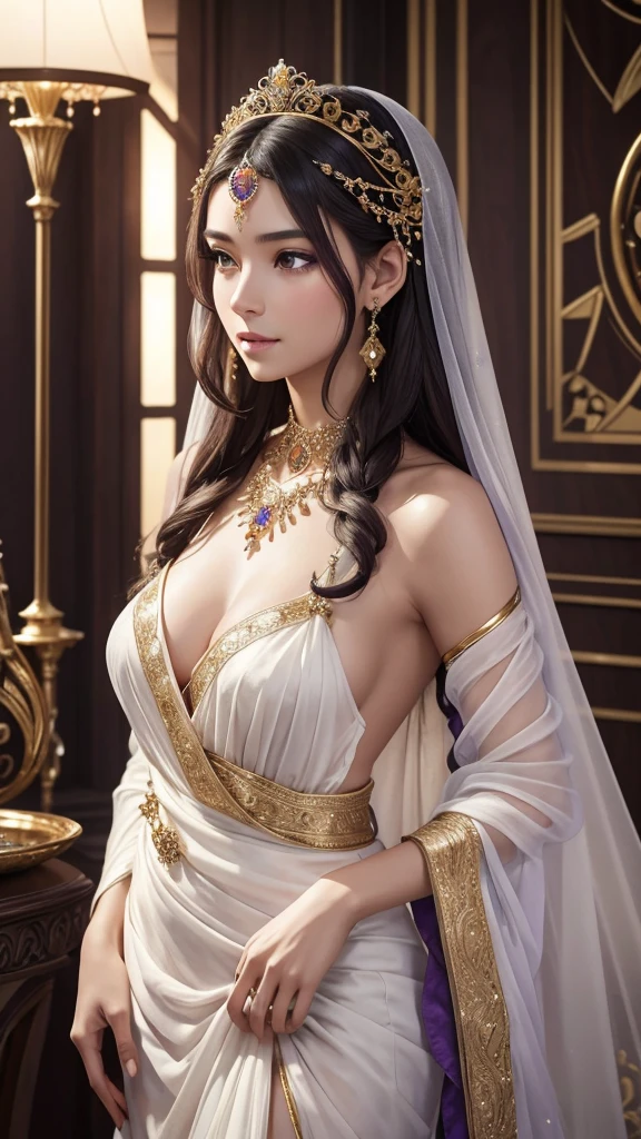A stunning, ethereal woman with long, flowing dark hair and captivating purple eyes, wearing an ornate dress in shades of white and purple. The dress features intricate gold embroidery and is complemented by a sheer, transparent purple shawl draped elegantly over her shoulders. She is adorned with exquisite jewelry, including gold and gemstone earrings, a delicate choker necklace, layered chains, and a decorative headpiece with sun and moon motifs. Her serene expression and regal posture are highlighted by the soft, mystical lighting of the room, which casts a gentle glow around her. The setting is a tranquil indoor space with subtle natural light filtering through, adding to the dreamlike atmosphere. The style is hyper-realistic, detailed, and fantasy-inspired, capturing the elegance and otherworldly beauty of the scene. High-definition, 8K resolution.