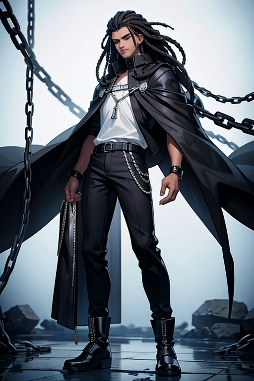 Full body image of a 17-year-old young man with dark skin, with 1,90 m tall and the power to control chains an athletic body. Ele tem cabelos blackws cacheados de dreads brancos e uma faixa turbante de baixo do cabelo, olhos blackws brilhantes. Your skin is black and black, blackw. camisa regata branca com blackw e um casaco por cima blackw com detalhes em branco e com um capuz, black pants with white seams at the knee, with chains, stylish black military boots full of belts and chains, segurando uma bastão de arame farpado blackw com branco