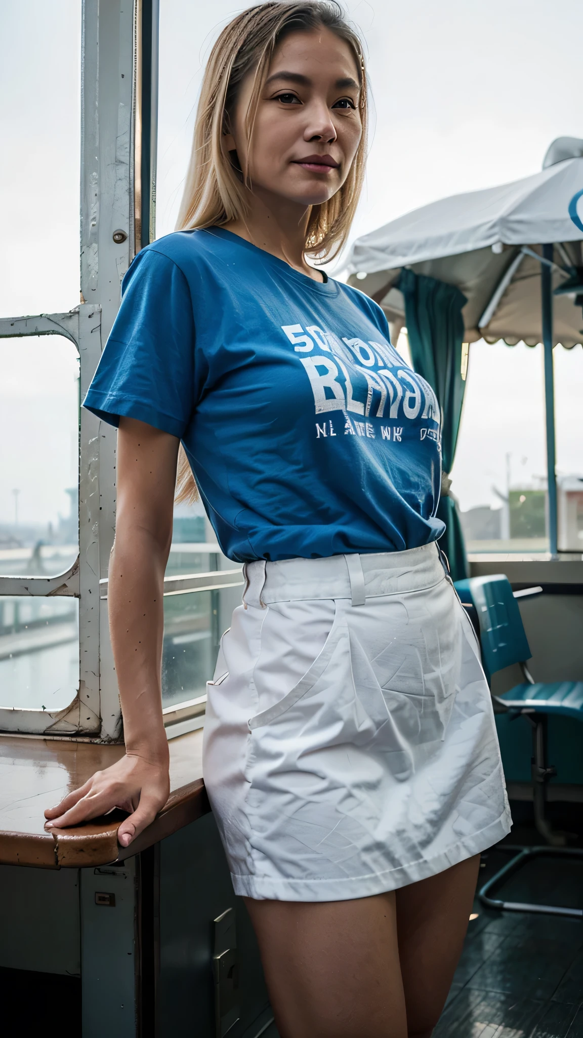 old asian woman, blond hair, green eyes, 50 years old, the teacher, smirk, posing in the ferris wheel, wearing blue t-shirt